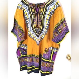JACKPOT DASHIKI SHIRT UNISEX ONE SIZE GOLDEN & MULTI AFRICAN TRIBAL DESIGN  NWOT